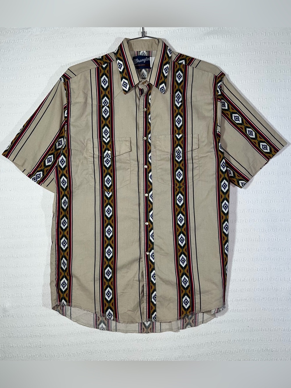Vintage Wrangler Mens Western Aztec Short Sleeve Pearl Snap Shirt Size XL